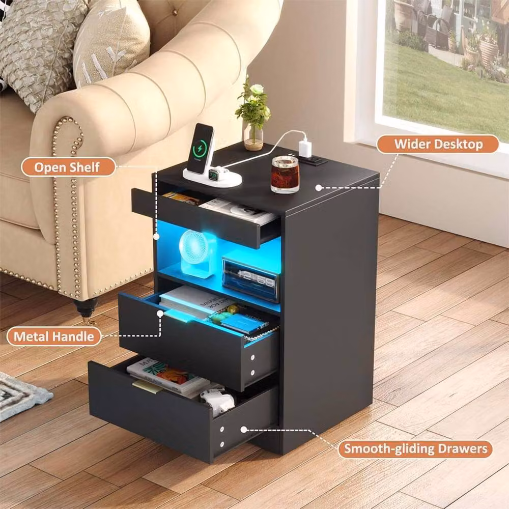 Ventryn Mondeer Black LED Bedside Table with Hidden Drawer and Integrated Lighting – 5