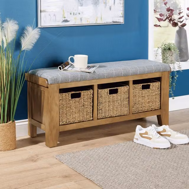 Home Source Modern Oak Hallway Storage Bench with Rattan and Fabric Details in Brown