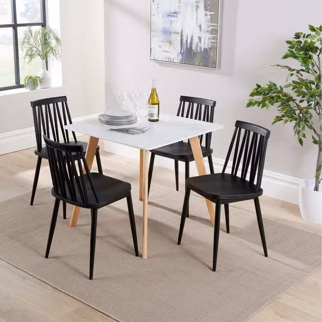 Home Source Trinity Square Dining Set with 4 Lucy Chairs in Black and White