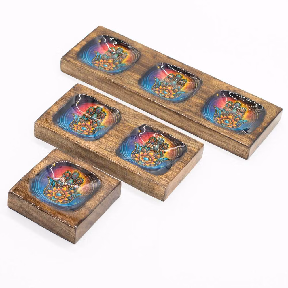 Serenityy Enamelled Mango Wood Tray Set with Hamsa Design in Multicolour – 3