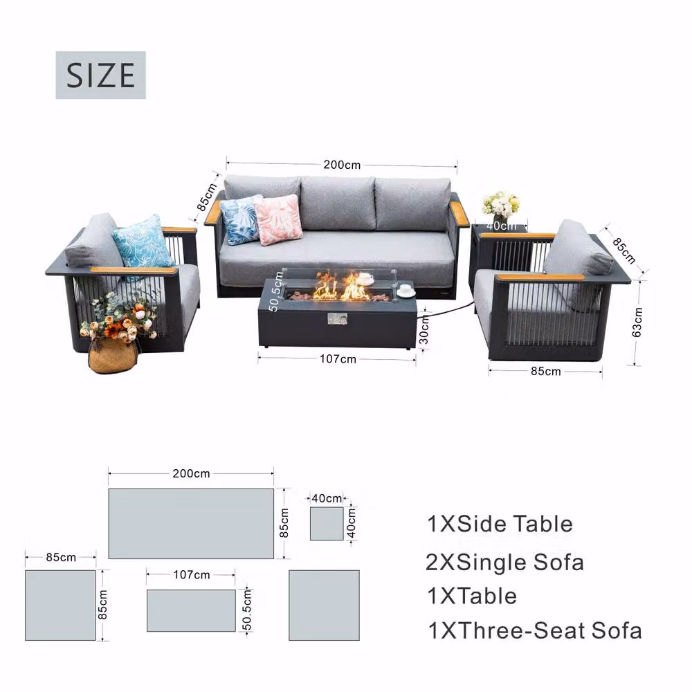 MIMO Garden Grey Rope Weave 3 Seater Outdoor Sofa Set with Iron Fire Pit Table and Upholstered Cushions – 4