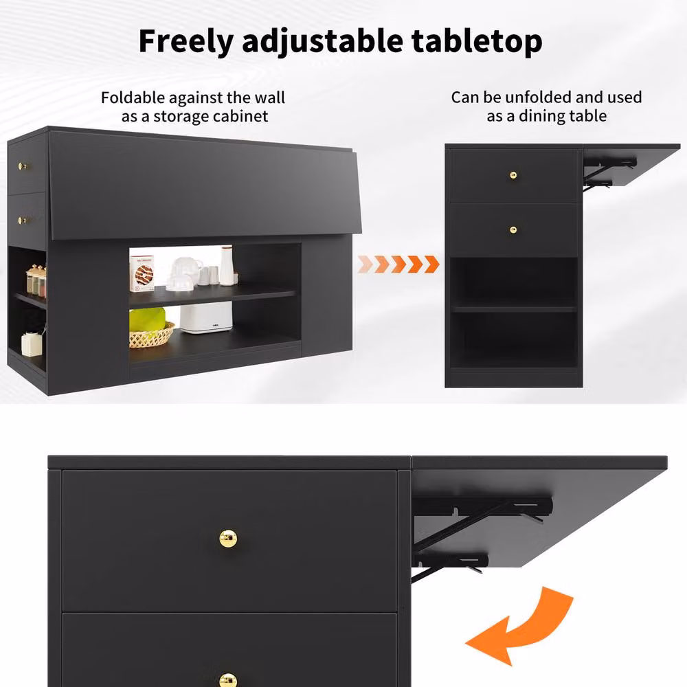 Rolipo Modern Black Kitchen Island with Fold-Down Tabletop and Storage – 3