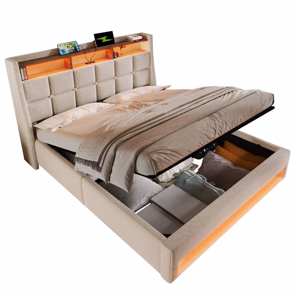 STILVORA Super King Bed Frame with LED, USB Charging Ports and Storage Headboard in Beige, W/D/H: 180 x 200 x 117 cm – 3