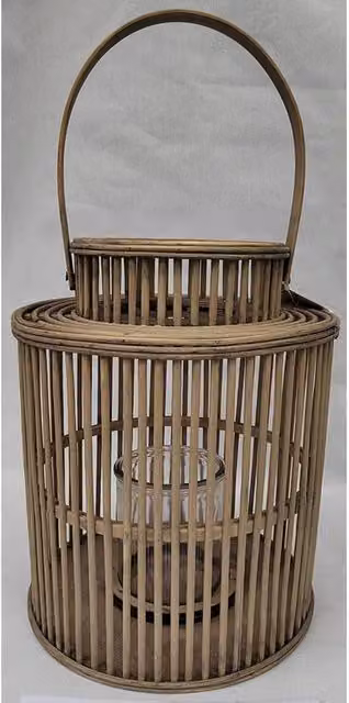 Lemon Pavilion Furniture and Decor Wicker Cylinder Lantern with Glass Holder, Brown, W: 26 cm, D: 26 cm, H: 26 cm