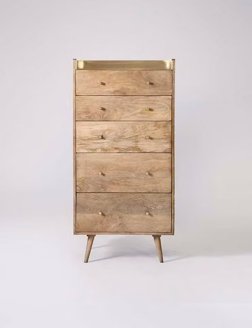 Swoon Fresco Mango Wood 5 Drawer Chest in Light Brown and Gold