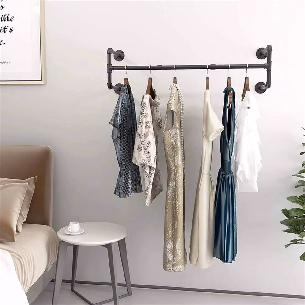 FLAVORA Industrial Metal Mounted Clothes Hanging Rack in Matt Black, Width: 105 cm – 3