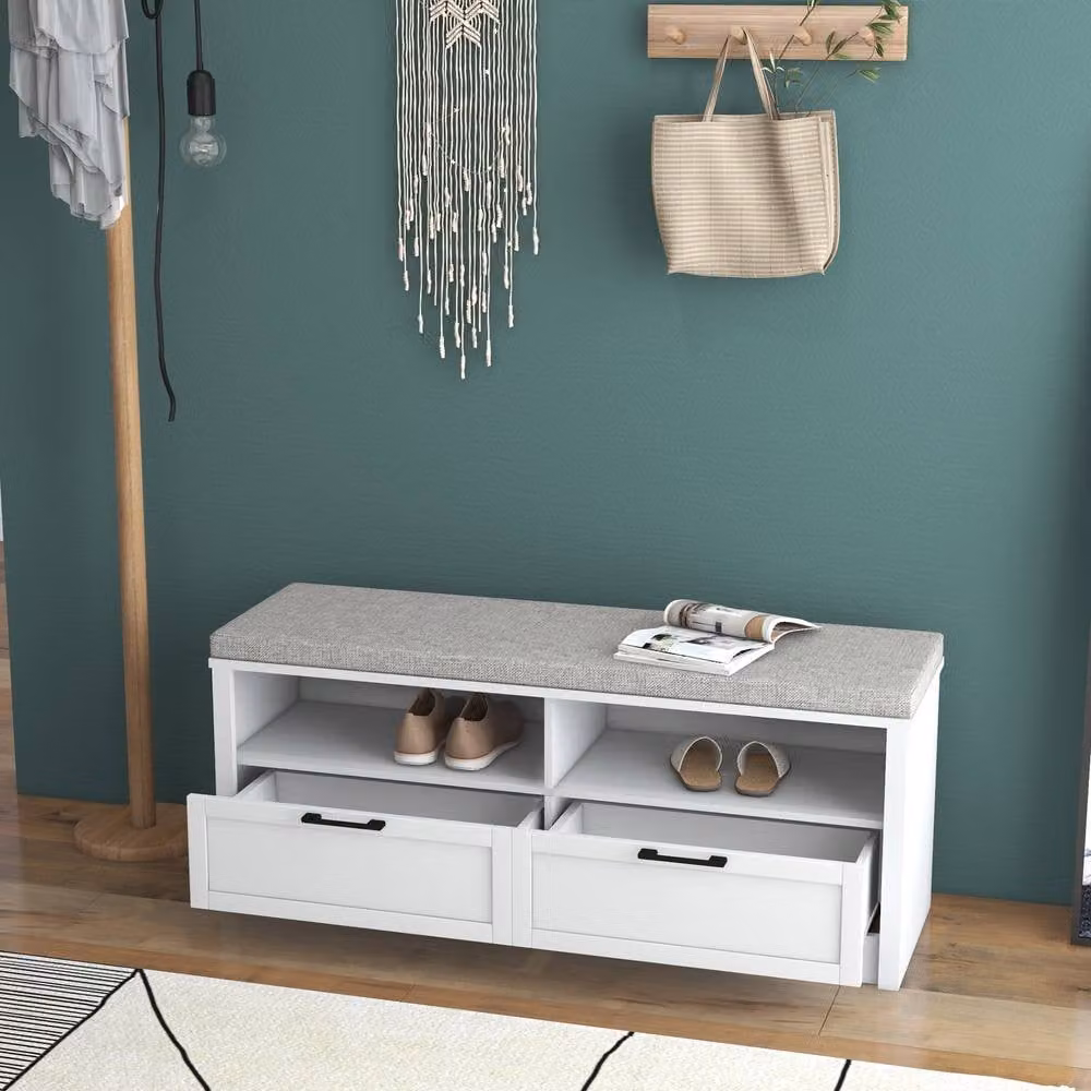 STILVORA Modern White Shoe Bench with Padded Fabric Seat and 2 Drawers – 2