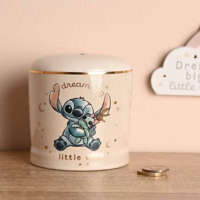 Disney Stitch Magical Beginnings Ceramic Money Bank in Gold and Multicolour