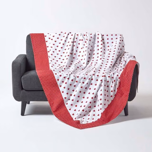 Homescapes Red and White Patchwork Cotton Valentine's Day Throw Blanket