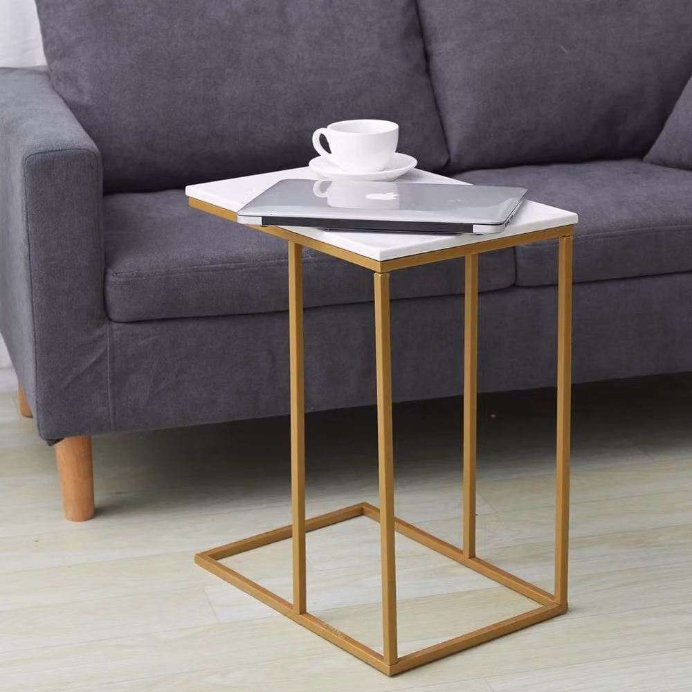 VOGREX Modern Marble Effect End Table in White and Gold with Nested Tops and Metal Sled Base – 3