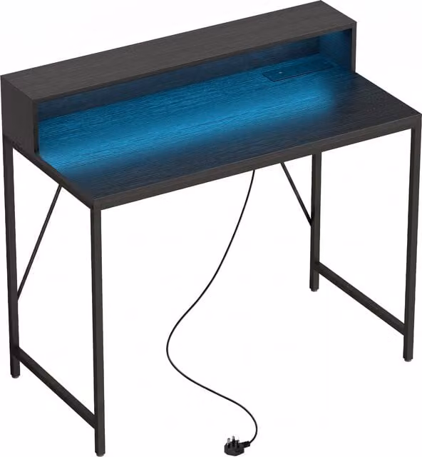 HOMCOM Black Wood-Effect Gaming Desk with LED Lights, Monitor Stand, Power Outlets and Remote, W: 100 cm