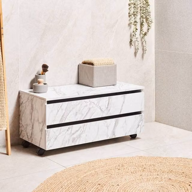 Wyld and Coco White Marble Bathroom Cabinet on Wheels with 2 Drawers, W80 x D30 x H38 cm