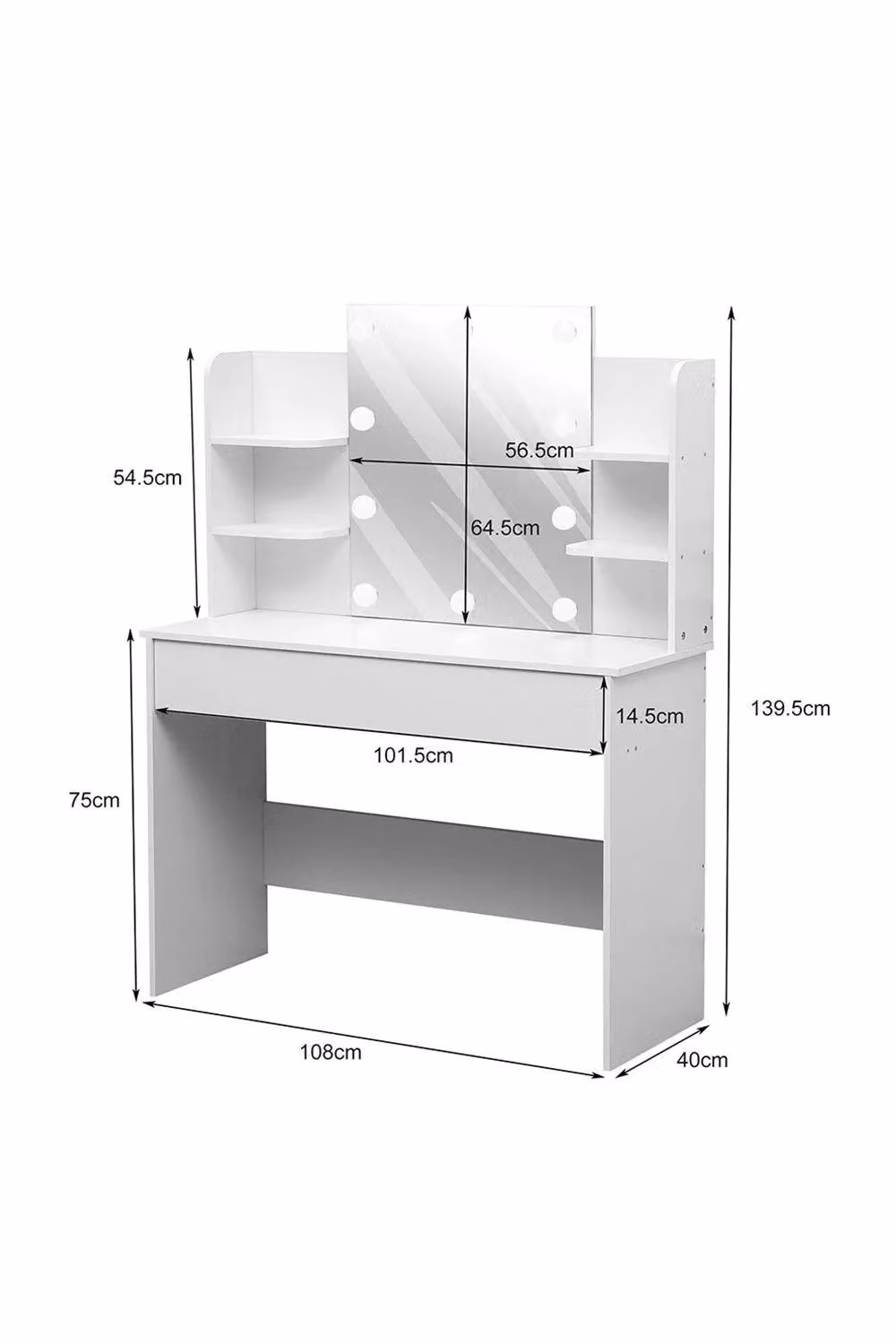 H&O Direct Modern Hollywood Vanity Desk with LED Lighted Mirror in White, W/D/H: 139.5 x 108.0 x 40.0 cm – 3