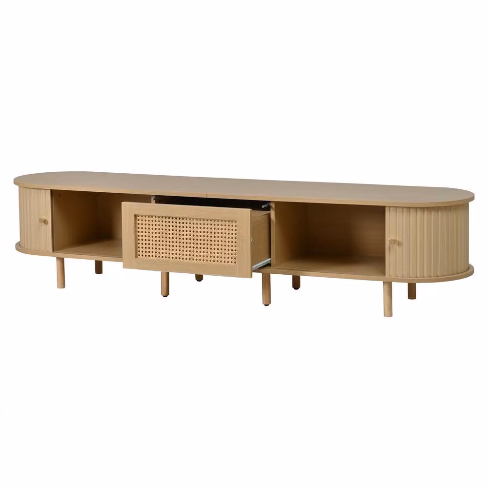 ModernLuxe Modern TV Cabinet with Rattan Drawer and 2 Sliding Doors in Beige, W: 180 cm, D: 40 cm, H: 40 cm – 3