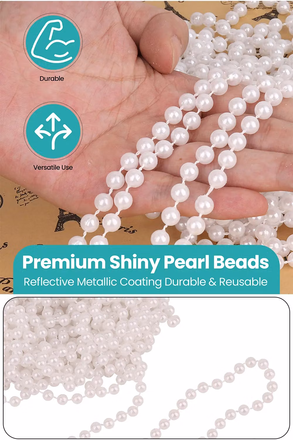 Neel Blue 9m Metallic Christmas Bead Chain, 7.5mm Shiny Pearl Garland in White and Blue – 3
