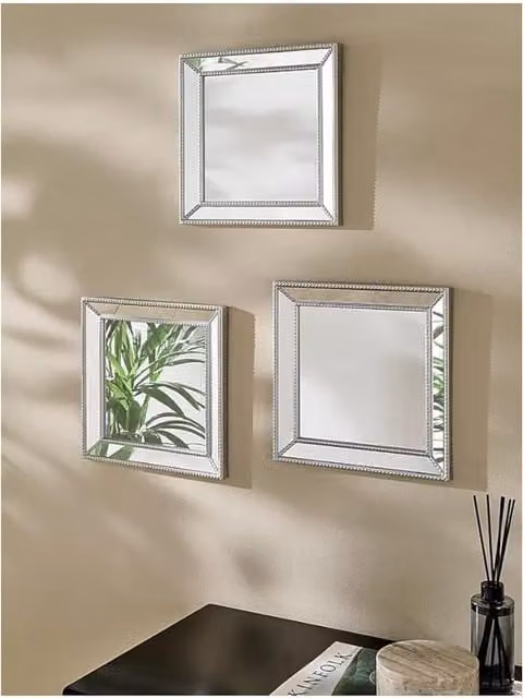 DEENZ Set of 3 Square Beaded Wall Mirrors in Silver