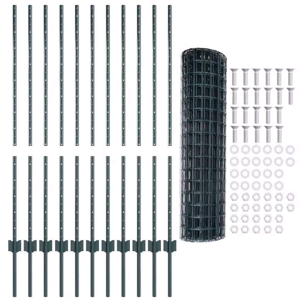 Berkfield Home Euro Fence Green PVC Coated Steel with 11 U Posts, 2 x 25 m – 3