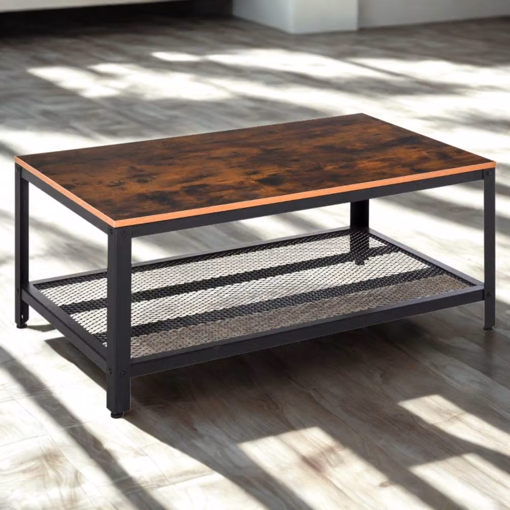 Pirlo Plush Industrial Rectangular 2 Tier Coffee Table with Storage Shelf in Brown, W: 60 cm, D: 45 cm, H: 40 cm – 5