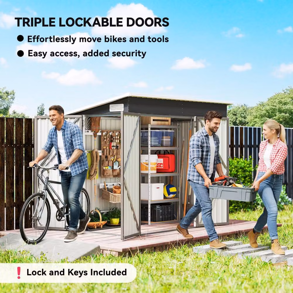 OUTSUNNY Metal Garden Storage Shed with Double Doors in Light Grey – 4