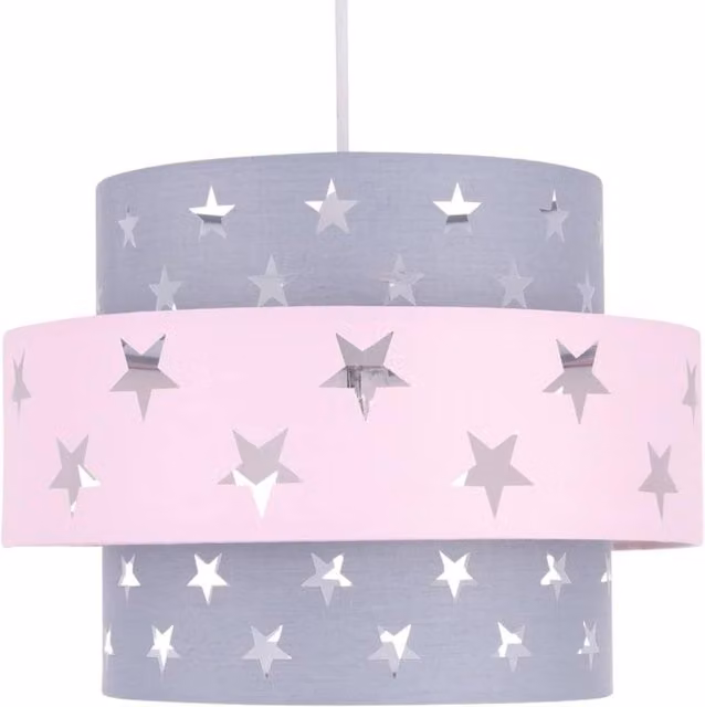 First Choice Lighting Pink and Grey Star Two Tier Fabric Lamp Shade – 1