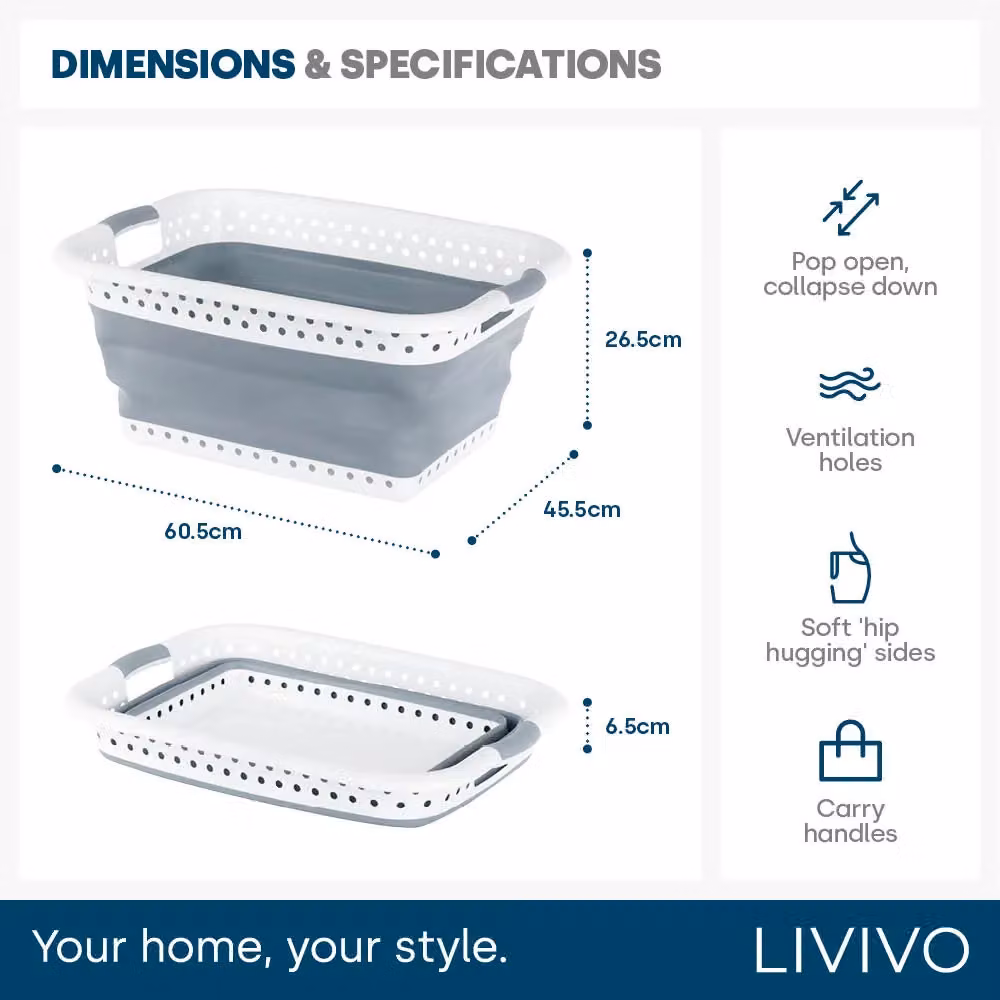 LIVIVO Collapsible 58L Laundry Basket with Handles, Grey – 3