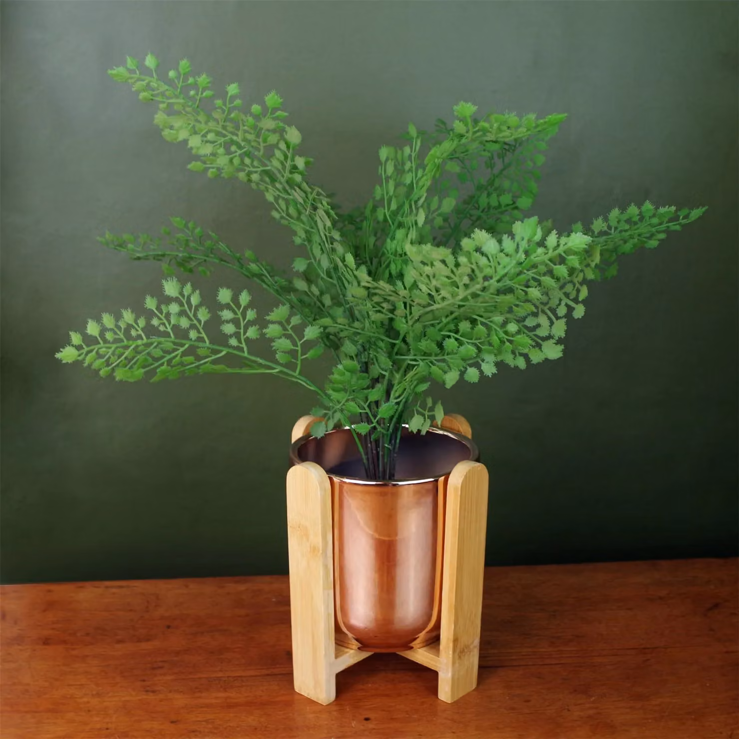 Leaf Gold Ceramic Planter with Bamboo Stand Tabletop Floral Plant Pot – 2