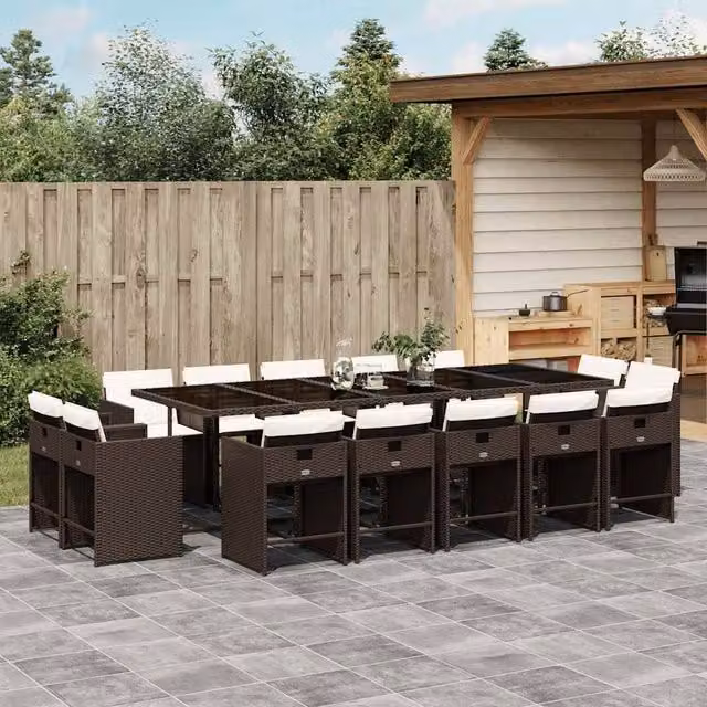 Berkfield Home 15 Piece Brown Poly Rattan Garden Dining Set with Cushions and Glass Tabletop