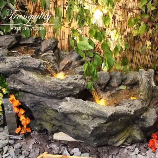 Tranquility Wood Stream Solar Water Feature Cascade in Antique Grey Stone Finish