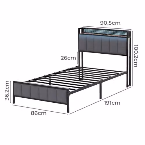 Levede Grey Upholstered Single Bed Frame with USB Charging Port, Bedside Shelf and Side Compartments, W/D/H: 90 x 190 x 86 cm – 2
