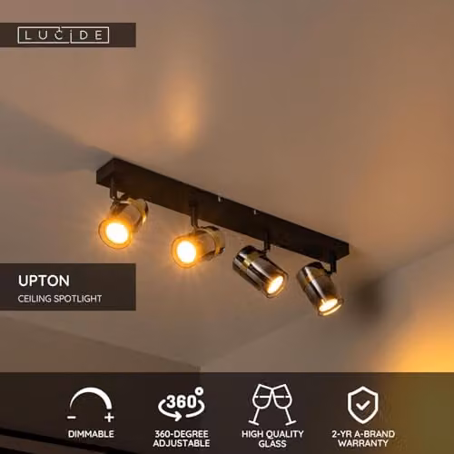 Lucide Upton Adjustable Dimmable Ceiling Spotlight in Grey and Black with GU10 LED Glass Detail – 2
