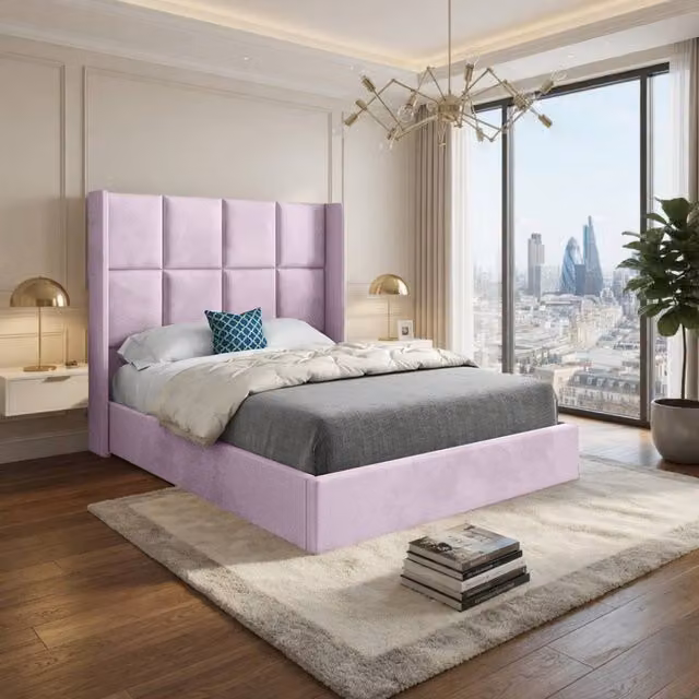 KDMD Stambourne Winged Upholstered Designer Bed Frame in Pink Soft Velvet, W/D/H: 137 x 120 x 83 cm – 1