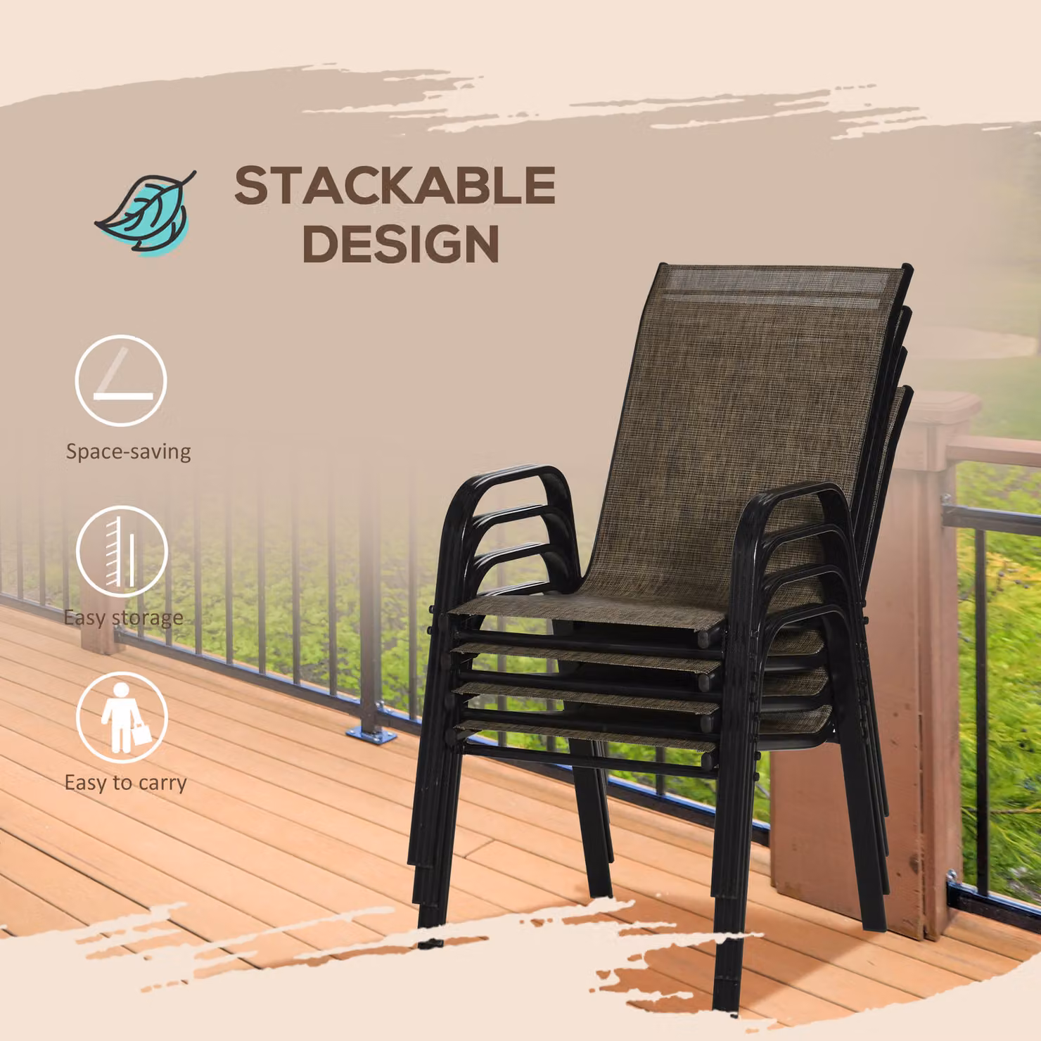 Outsunny 4 Piece Stackable Outdoor Garden Dining Chairs with High Backrest, Armrests and Brown Textilene Mesh Fabric – 5