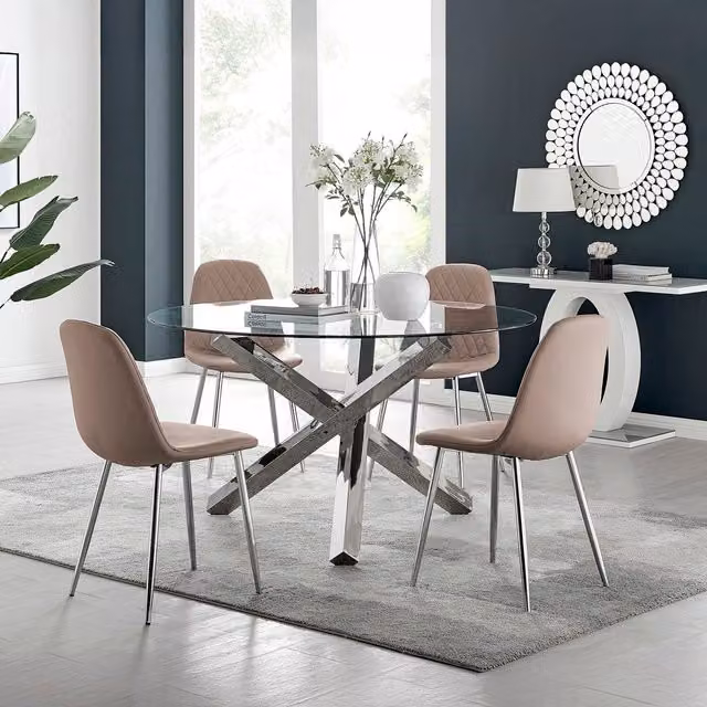 FurnitureboxUK Vogue Round Glass Dining Table and 4 Corona Silver Dining Chairs Set in Yellow