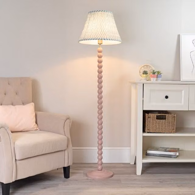 ValueLights Bobbins Rose Pink Wood Floor Lamp with Green Fabric Pleated Shade