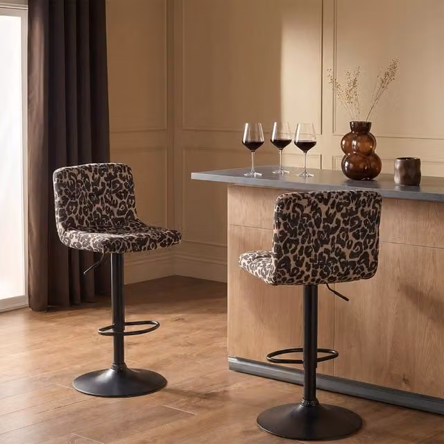 OHS Set of 2 Brown Animal Print Velvet Adjustable Swivel Bar Stools with Metal Frames – 1