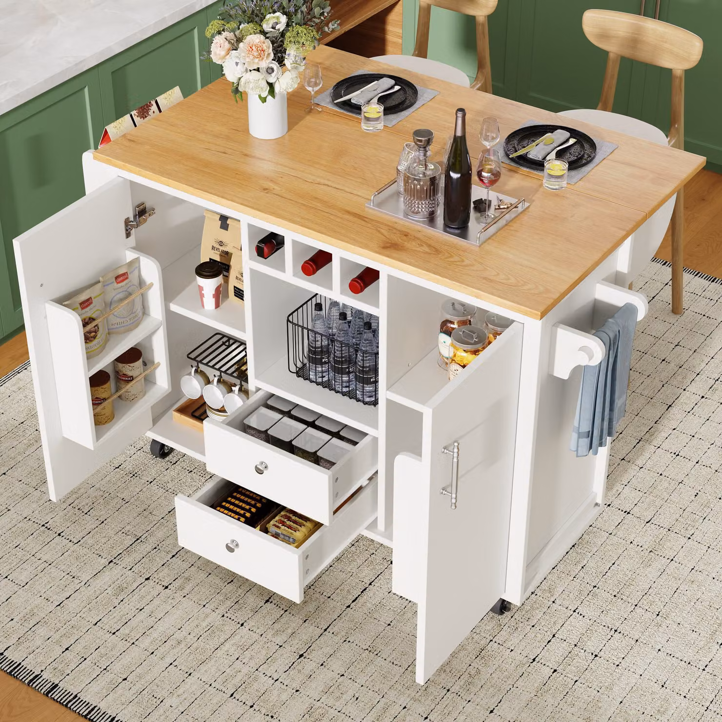 Aosom UK White Kitchen Island Utility Cart with Adjustable Shelves, Folding Worktop, Wine Rack, Towel and Spice Racks, W/D/H: 73 x 73 x 92 cm – 3