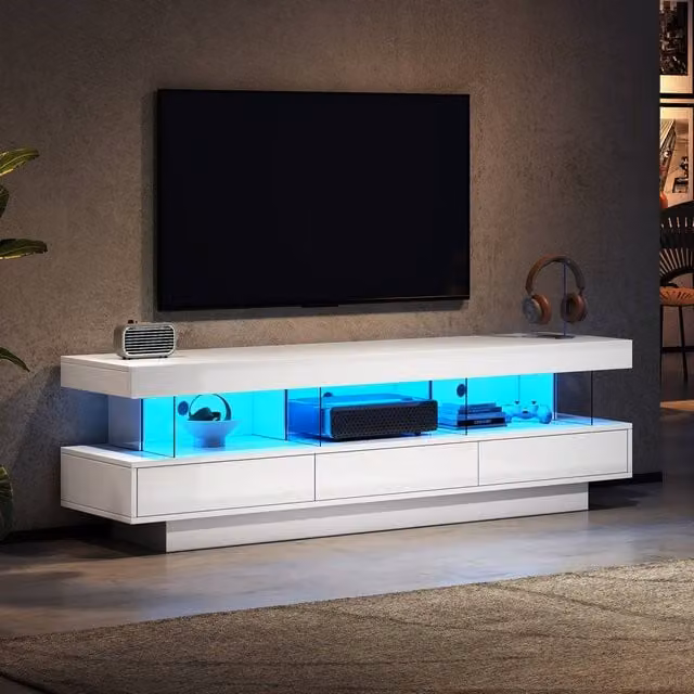 Matteo Modern High Gloss White TV Stand Unit with LED Lights, Width: 160 cm