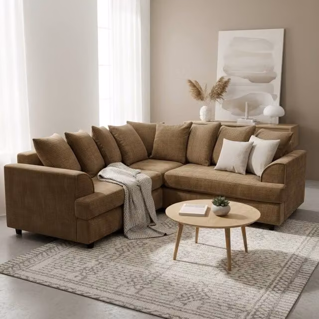 Abakus Direct Ferguson L-Shape Chenille Corner Sofa in Brown with Scatter Cushions and Solid Wood Frame