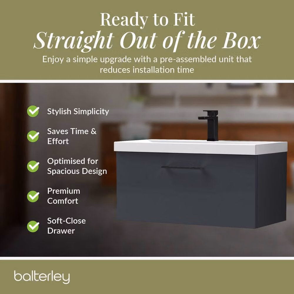 Balterley 800mm Wall Hung 1 Drawer Vanity Basin Unit in Dark Grey with Black Handle – 4