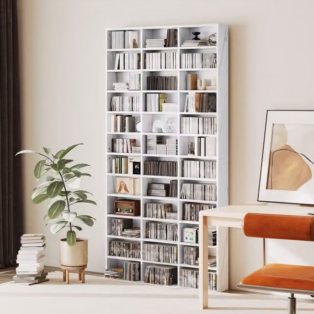 HOMCOM Grey Wooden CD DVD Media Storage Display Shelves with Adjustable Compartments and Back Panel – 1