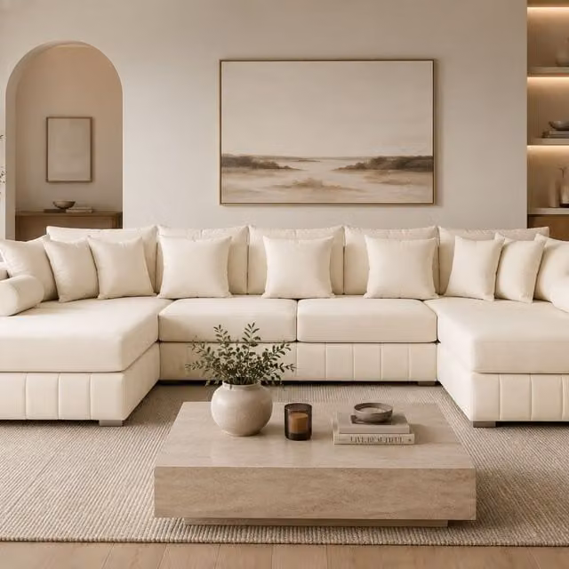 HOB Furniture Oxford Oyster U Shape Fabric Sofa in White with Contrast Piping, W/D/H: 304.8 x 182.88 x 182.88 cm