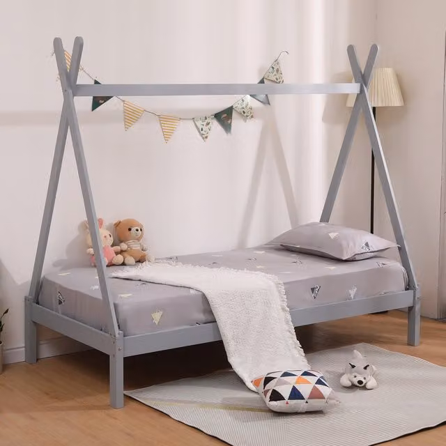 SlumberWorx Harry Kids Wooden Teepee Tent Single Bed Frame in Grey and White, Solid Pine Wood, 90 x 190 cm