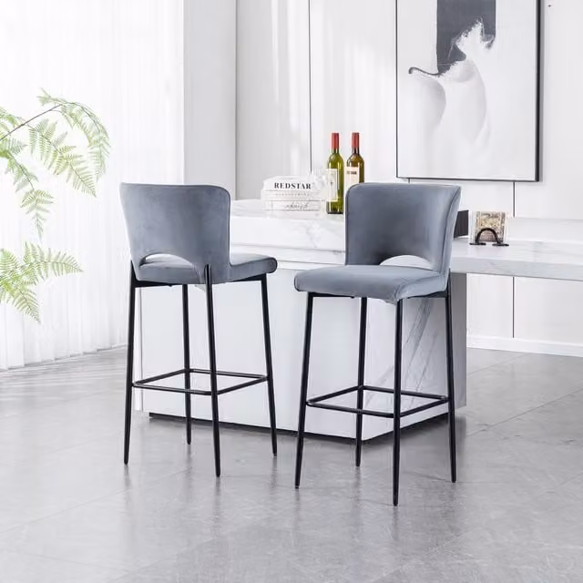 More4Homes Lily Modern Grey Velvet Bar Stool with Black Metal Frame