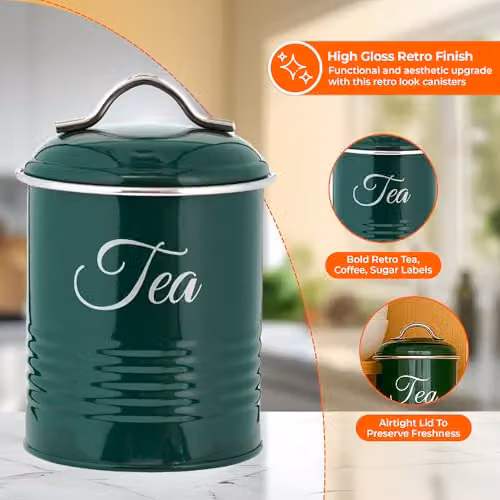 Innoteck Tea, Coffee and Sugar Canister Set of 3, Green Metal Food Storage Tins with Airtight Lids, 1.3 l Capacity – 3