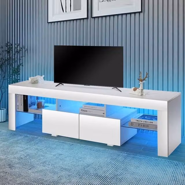 EONLION Modern White Glossy TV Unit Cabinet with Integrated Lighting, Width: 100 cm