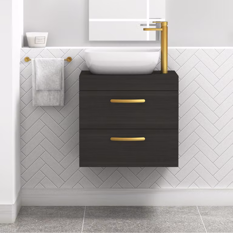 Royal Bathrooms 600mm Wall Hung Vanity Unit with 2 Drawers, Charcoal Oak and Elva Countertop Basin with Brushed Brass Handle