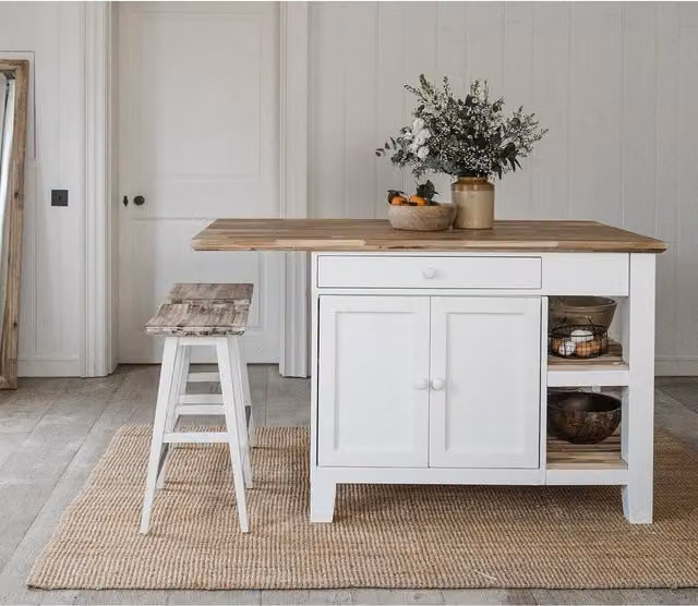Florence Kitchen Island with Cupboard and Shelves in White and Acacia Wood, W/D/H: 150 x 90 x 91 cm