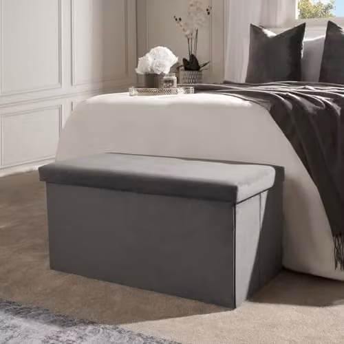 OHS Large Rectangular Velvet Ottoman Storage Box in Charcoal Grey, W/D/H: 80 x 40 x 40 cm
