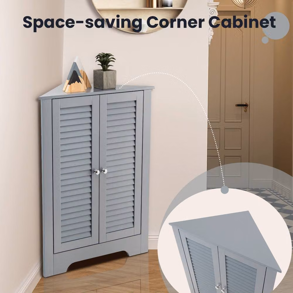 Gymax Freestanding Corner Storage Cabinet with Double Roll Shutter Doors in Matt Grey – 3