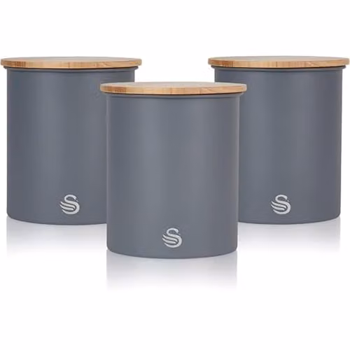 Swan Set of 3 Airtight Metal and Bamboo Canisters in Grey and Green